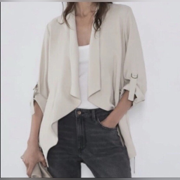 Zara Jackets & Blazers - Zara Lightweight Cinch Waist Quarter Sleeve Waterfall Open Front Jacket -Size XS